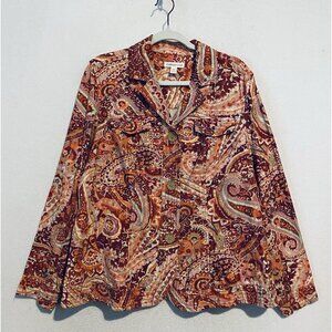 Coldwater Creek Jacket Womens 18 Artsy Boho Paisley Denim Print Button Front